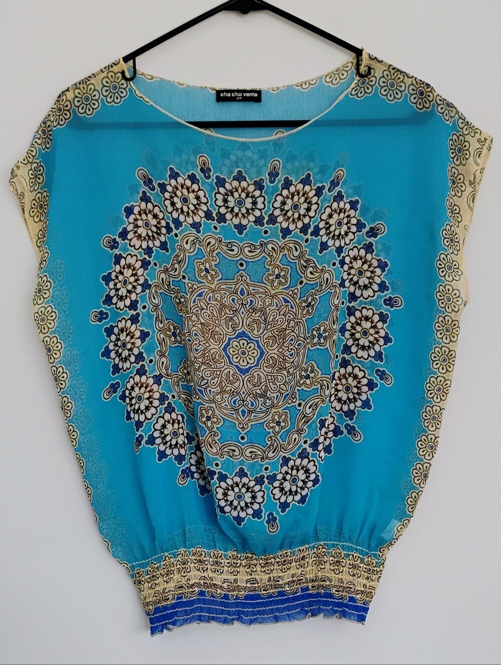 Cha Cha Venti Sheer Aqua Blue Gold Bhoemian Sleeveless Flowy Blouson PM
